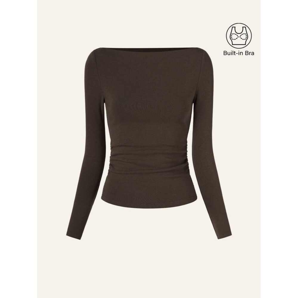 NWT OGL Women's Long Sleeve Boatneck Side Ruched Bra Top Espresso Brown Size M